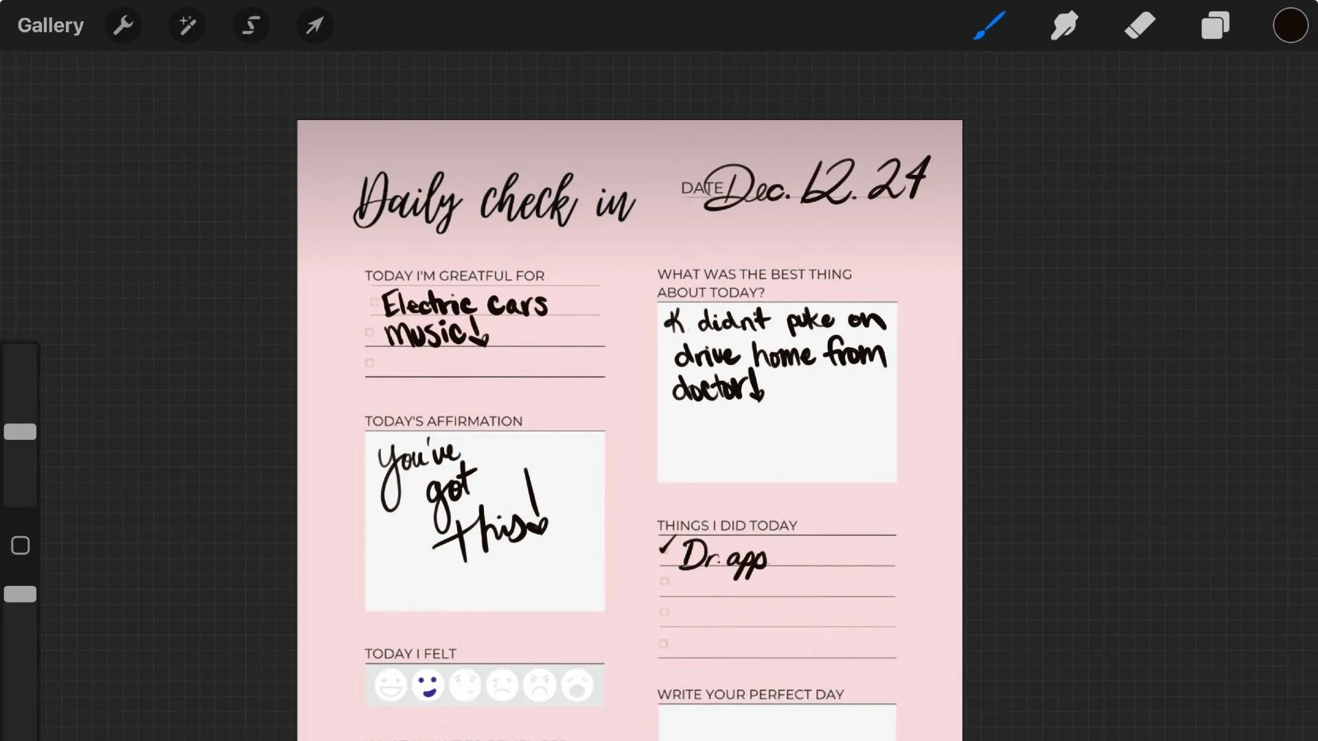 Bố cục nhật ký kỹ thuật số với chữ viết tay và ảnh trong ứng dụng Procreate