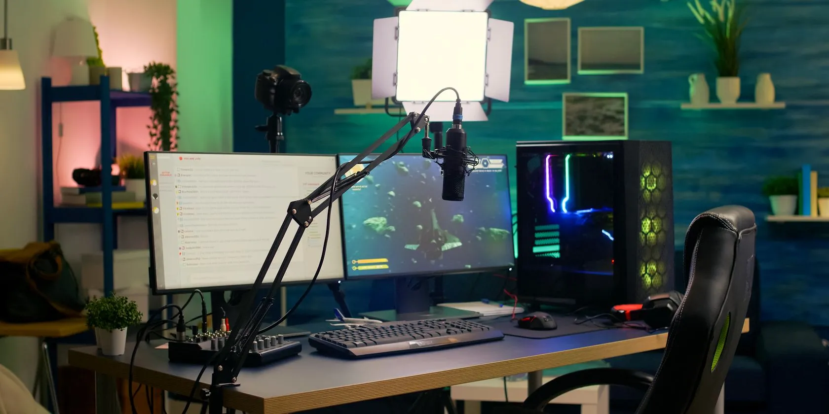 Bộ máy tính để bàn phục vụ stream với nhiều màn hình tại vị trí cố định, nhấn mạnh khả năng giảm hao mòn vật lý của desktop