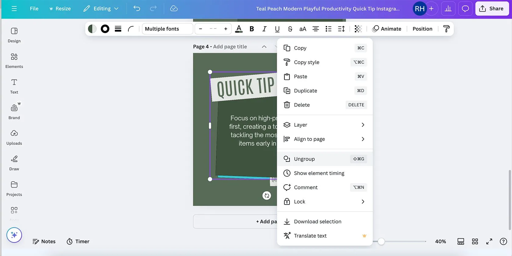 Bỏ nhóm các yếu tố trong Canva bằng cách click chuột phải