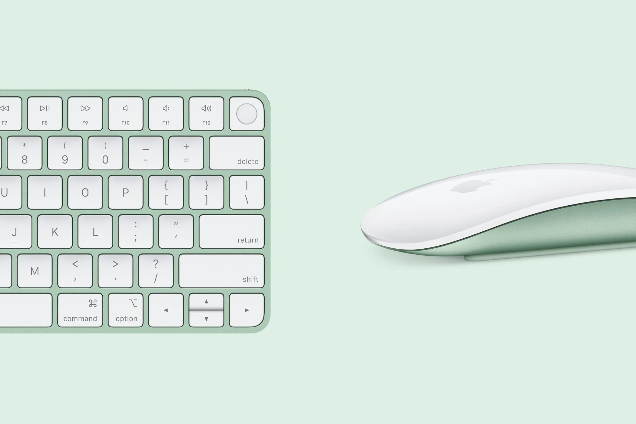 Bộ phụ kiện Magic Keyboard và Magic Mouse màu xanh lá cây mới, đồng bộ với iMac, mang lại trải nghiệm gõ phím và di chuột cao cấp.