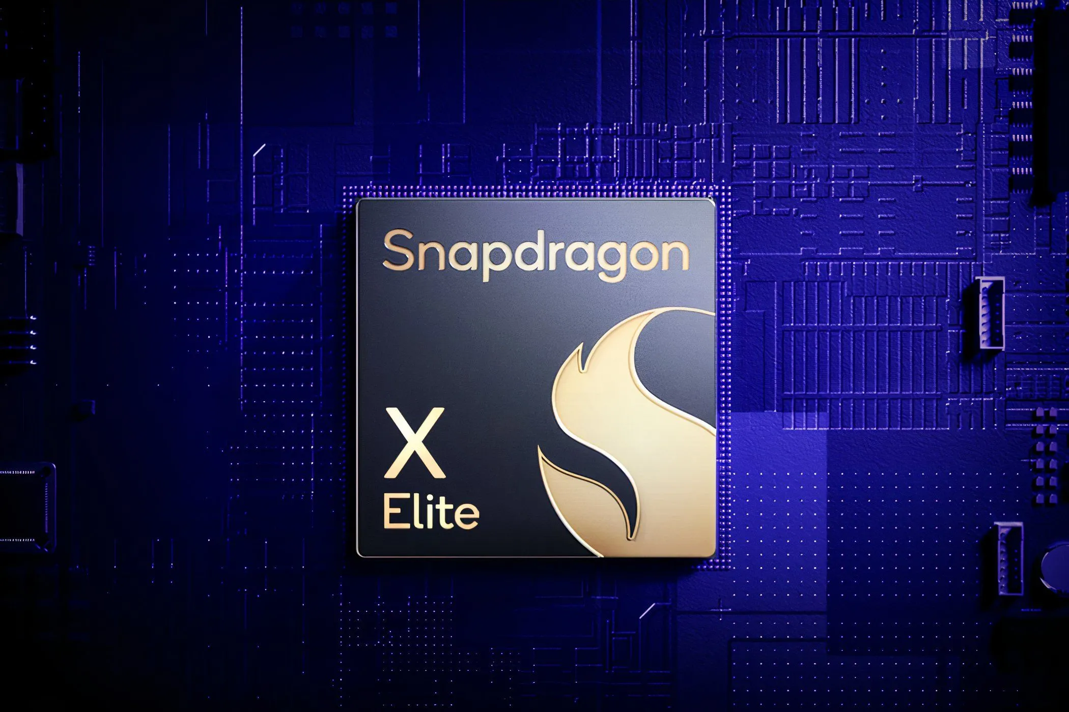 Bộ vi xử lý Snapdragon X Elite trên nền tím, biểu tượng của Qualcomm, đại diện cho công nghệ chip ARM mới.
