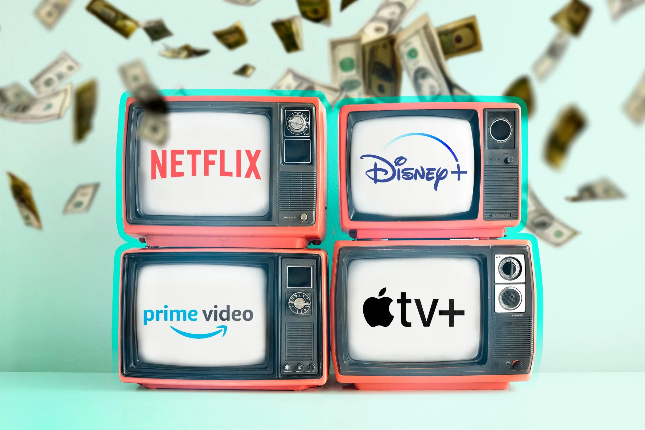 Bốn chiếc TV hiển thị logo dịch vụ stream và tiền đô rơi, tượng trưng cho việc TV thông minh tạo doanh thu từ dữ liệu người dùng