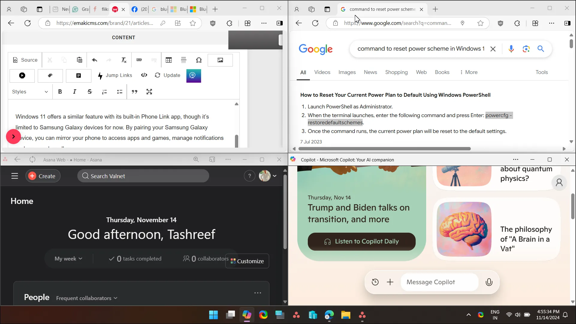 Bốn cửa sổ ứng dụng được sắp xếp khoa học bằng Snap Layouts trên Windows 11