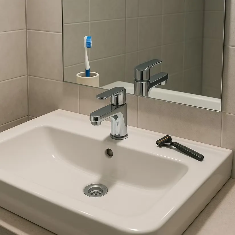 Bồn rửa với phản chiếu kính bị biến dạng, cho thấy ảnh do trí tuệ nhân tạo tạo ra.