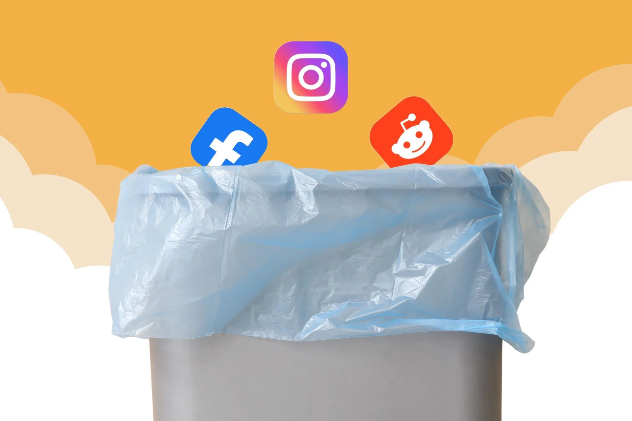 Các biểu tượng mạng xã hội như Facebook, Instagram, Twitter đang rơi vào thùng rác, minh họa việc từ bỏ hoặc hạn chế sử dụng mạng xã hội để tăng cường hoạt động thể chất.