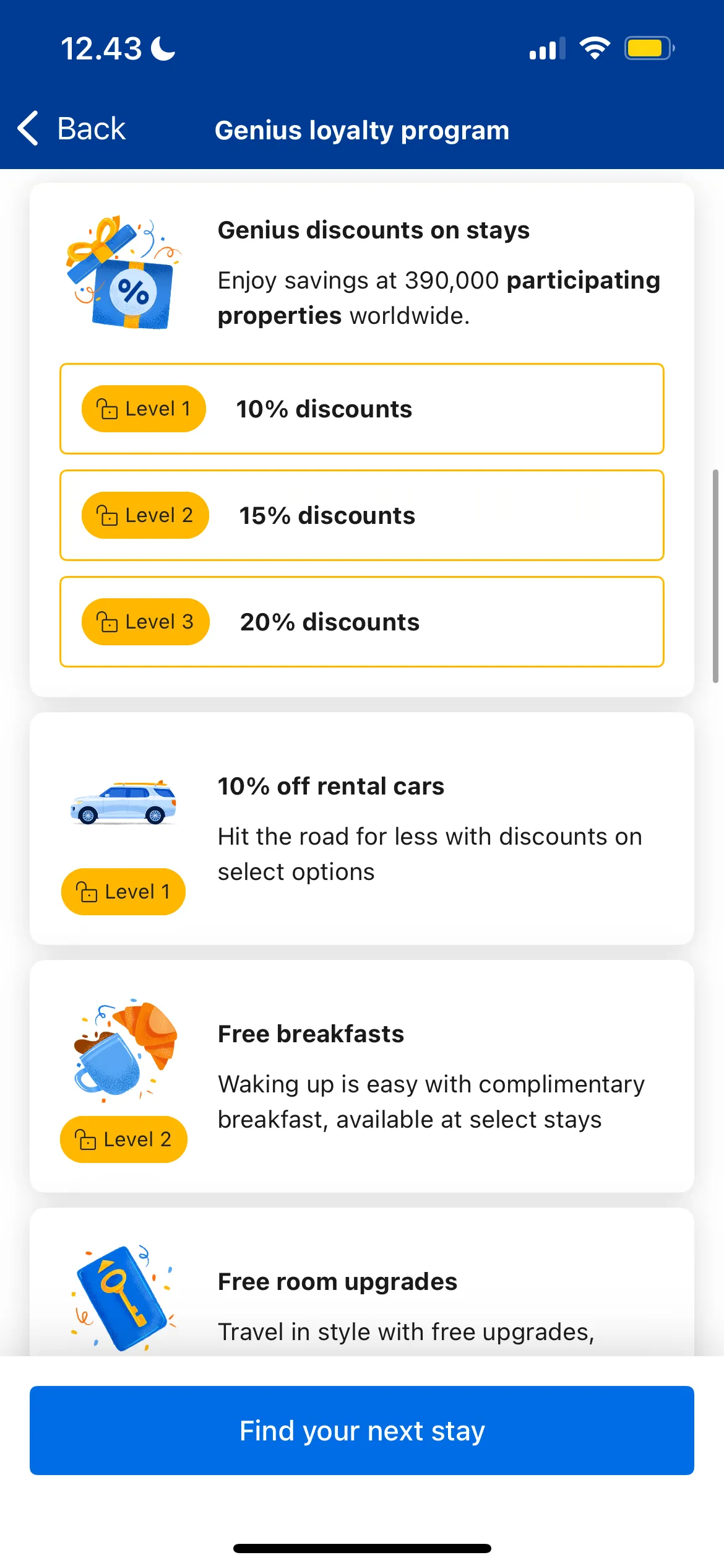 Các cấp độ và lợi ích của chương trình khách hàng thân thiết Genius trên ứng dụng Booking.com