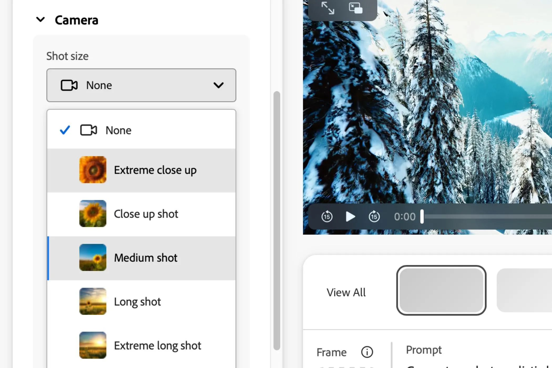 Các công cụ và tùy chọn chỉnh sửa video nâng cao có sẵn trong giao diện Adobe Firefly, bao gồm góc máy và chuyển động.