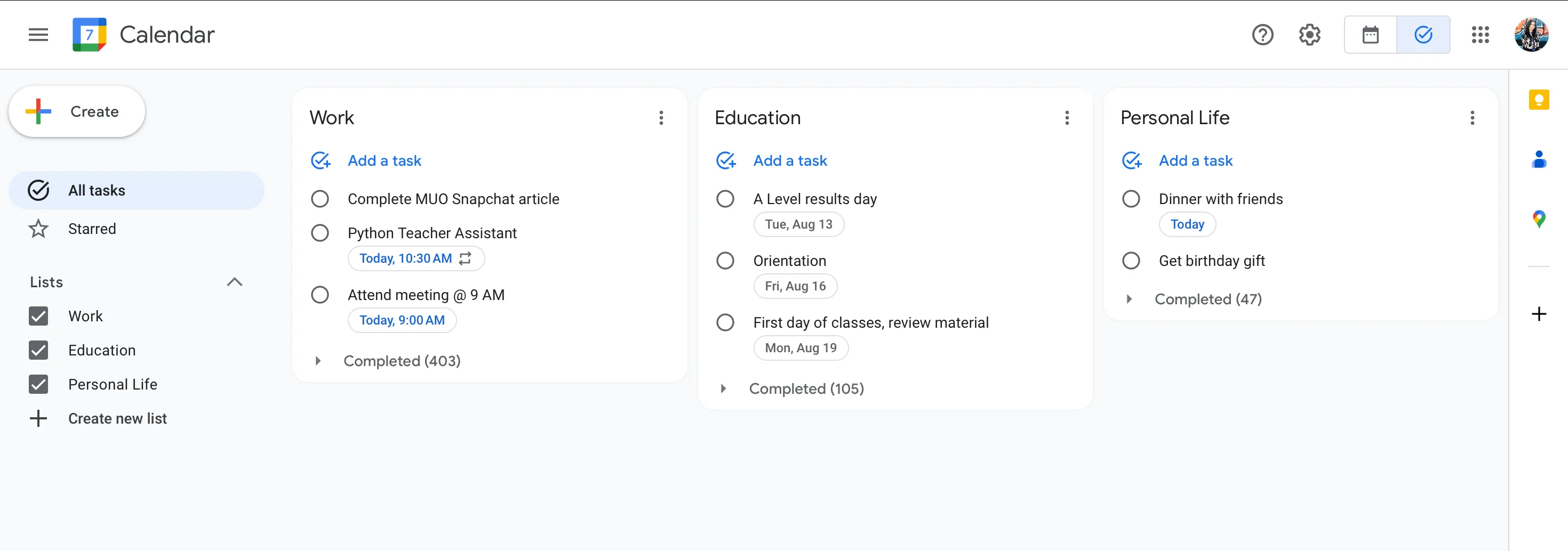 Các danh sách công việc khác nhau được hiển thị rõ ràng trong thanh bên của Google Tasks, giúp người dùng dễ dàng quản lý và chuyển đổi giữa các dự án.