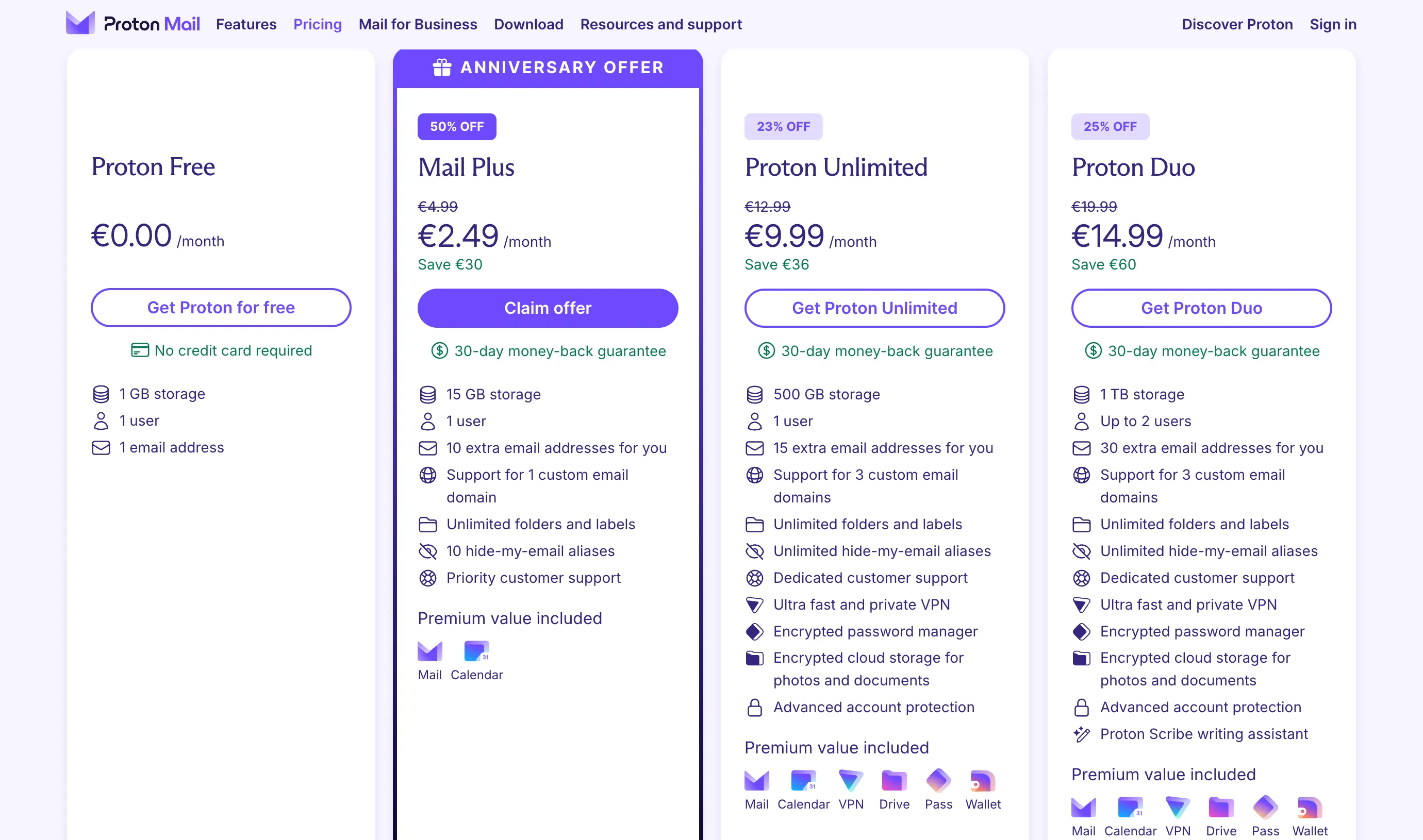 Các gói dịch vụ ProtonMail bao gồm cả Proton VPN và nhiều lợi ích khác