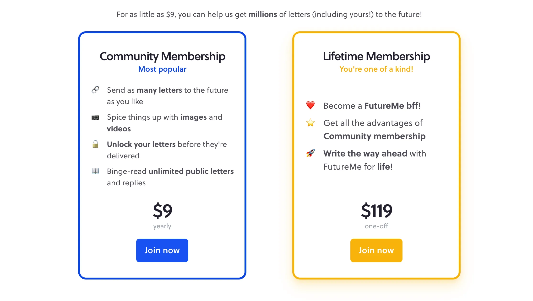 Các gói FutureMe Premium bao gồm Community và Lifetime, cung cấp tính năng gửi thư không giới hạn.