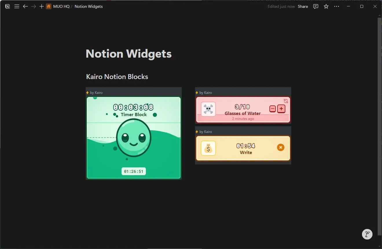 Các khối widget Kairo Notion Blocks tùy chỉnh hiển thị trong Notion