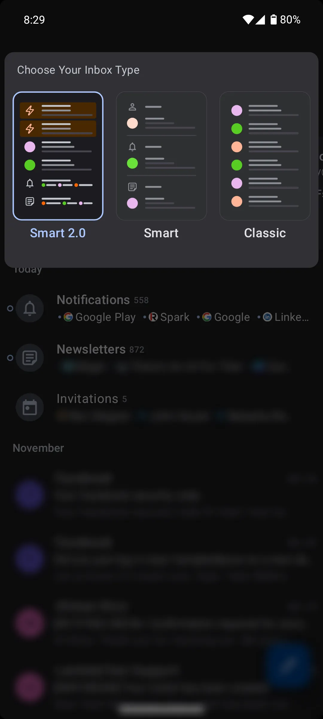 Các kiểu hiển thị hộp thư đến khác nhau trong ứng dụng Spark Mail trên Android