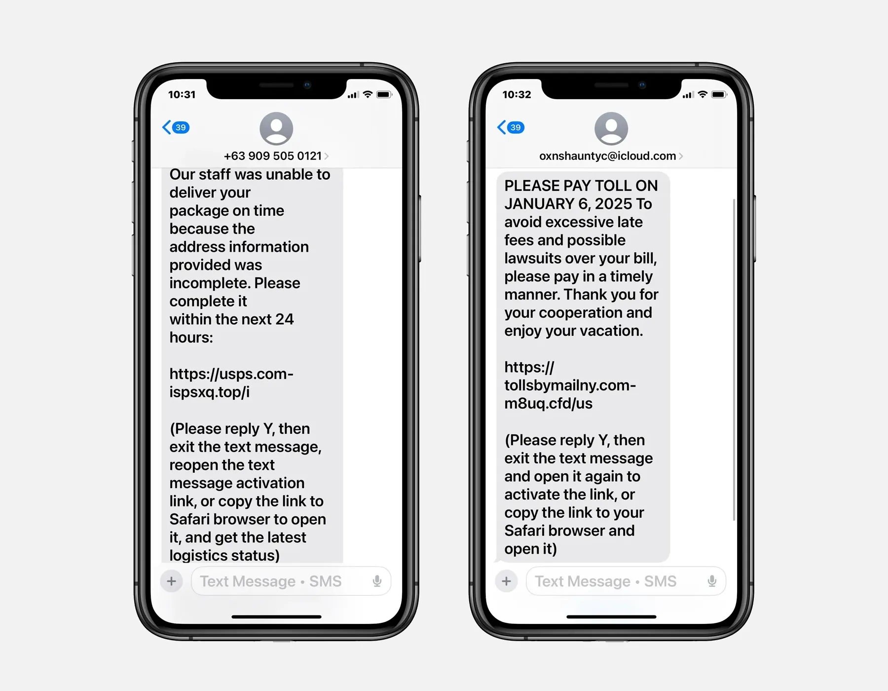 Các mẫu tin nhắn smishing giả mạo giao hàng và phí cầu đường trên iMessage
