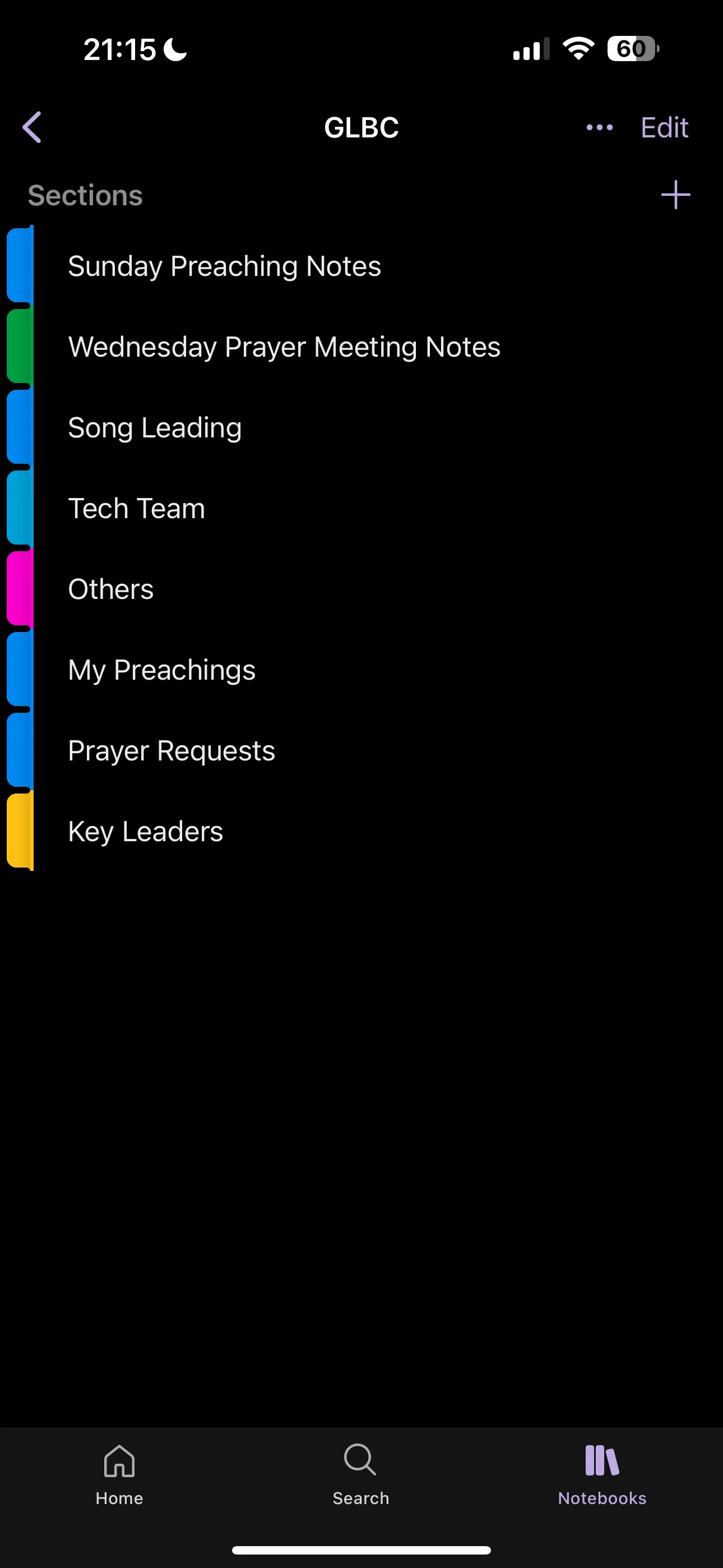 Các phần (chapters) trong một sổ ghi chép Microsoft OneNote, minh họa khả năng sắp xếp nội dung chuyên nghiệp