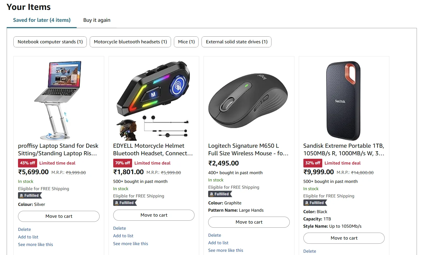 Các sản phẩm đã lưu lại sau trong giỏ hàng Amazon