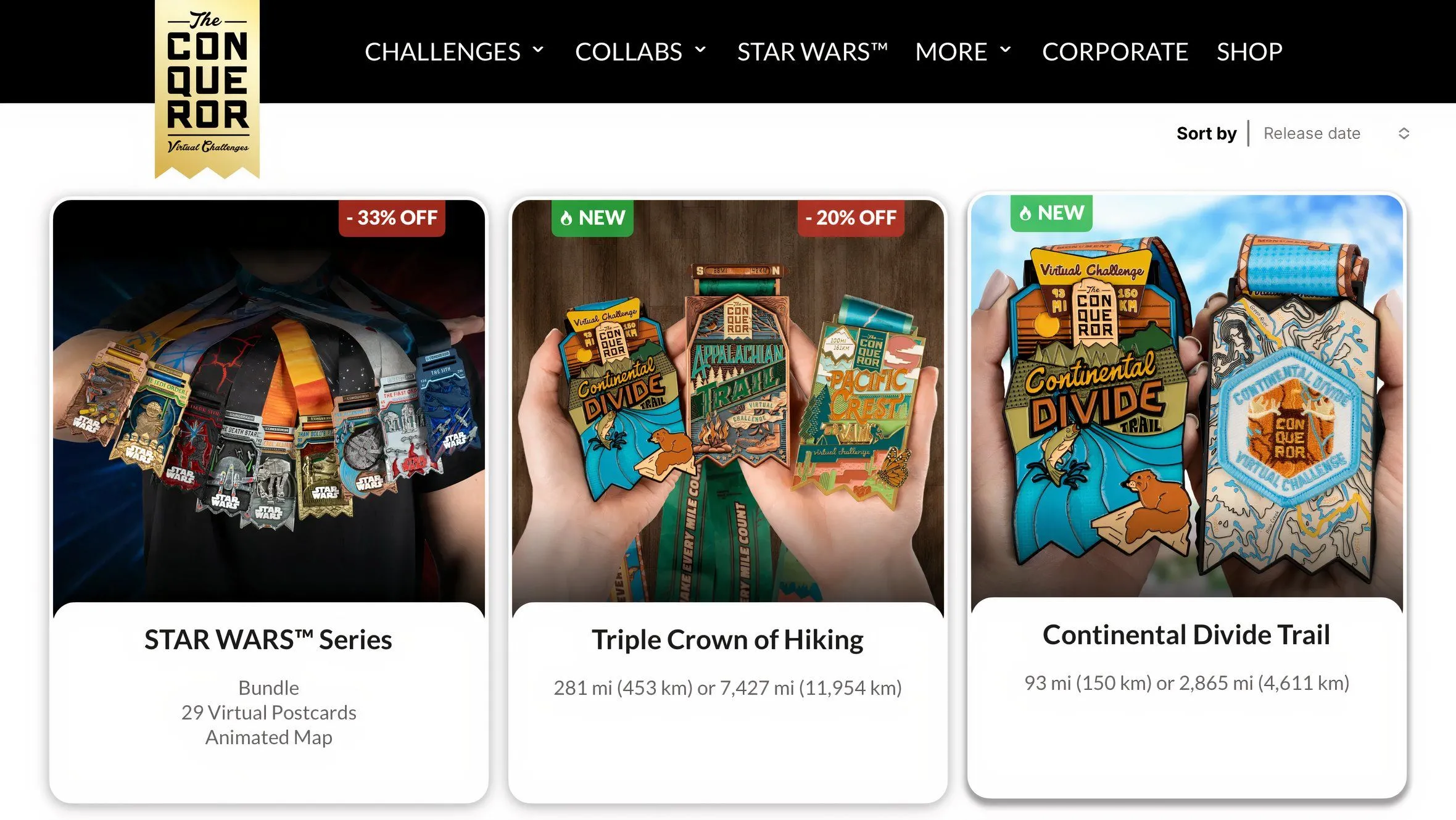 Các thử thách có sẵn trên trang web The Conqueror App, hiển thị đa dạng địa điểm thực và fantasy.