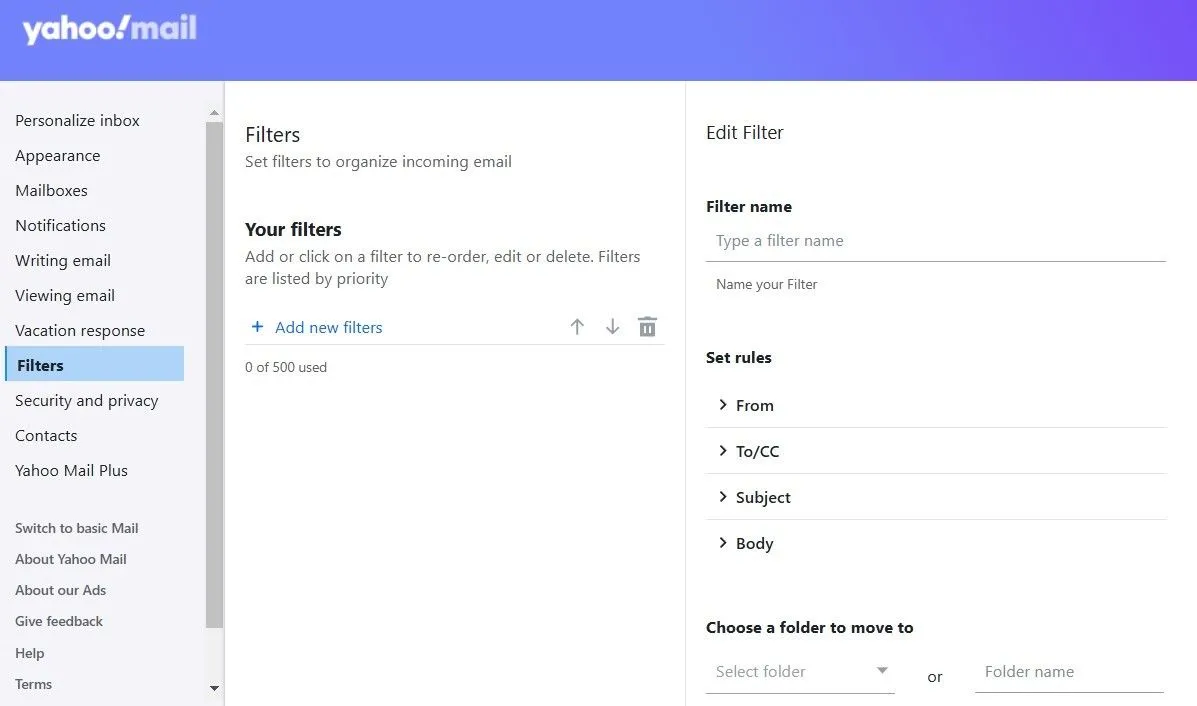 Các tùy chọn bộ lọc Yahoo Mail