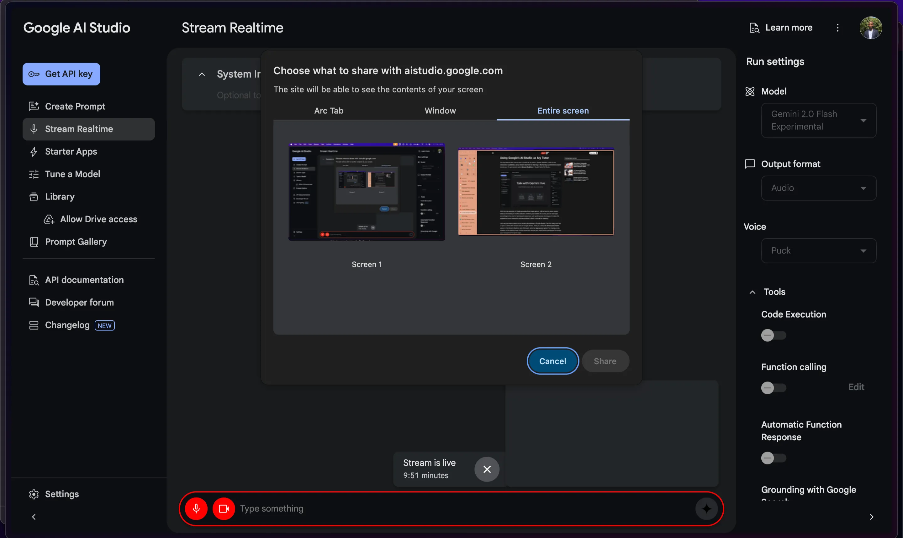 Các tùy chọn chia sẻ màn hình (tab, cửa sổ, toàn màn hình) trong Google AI Studio cho tính năng Stream Realtime