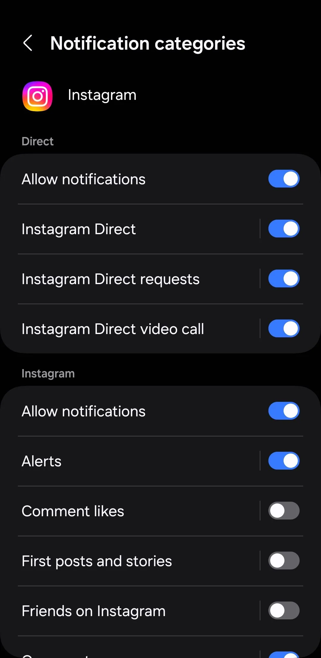 Các tùy chọn danh mục thông báo của ứng dụng Instagram trên Android