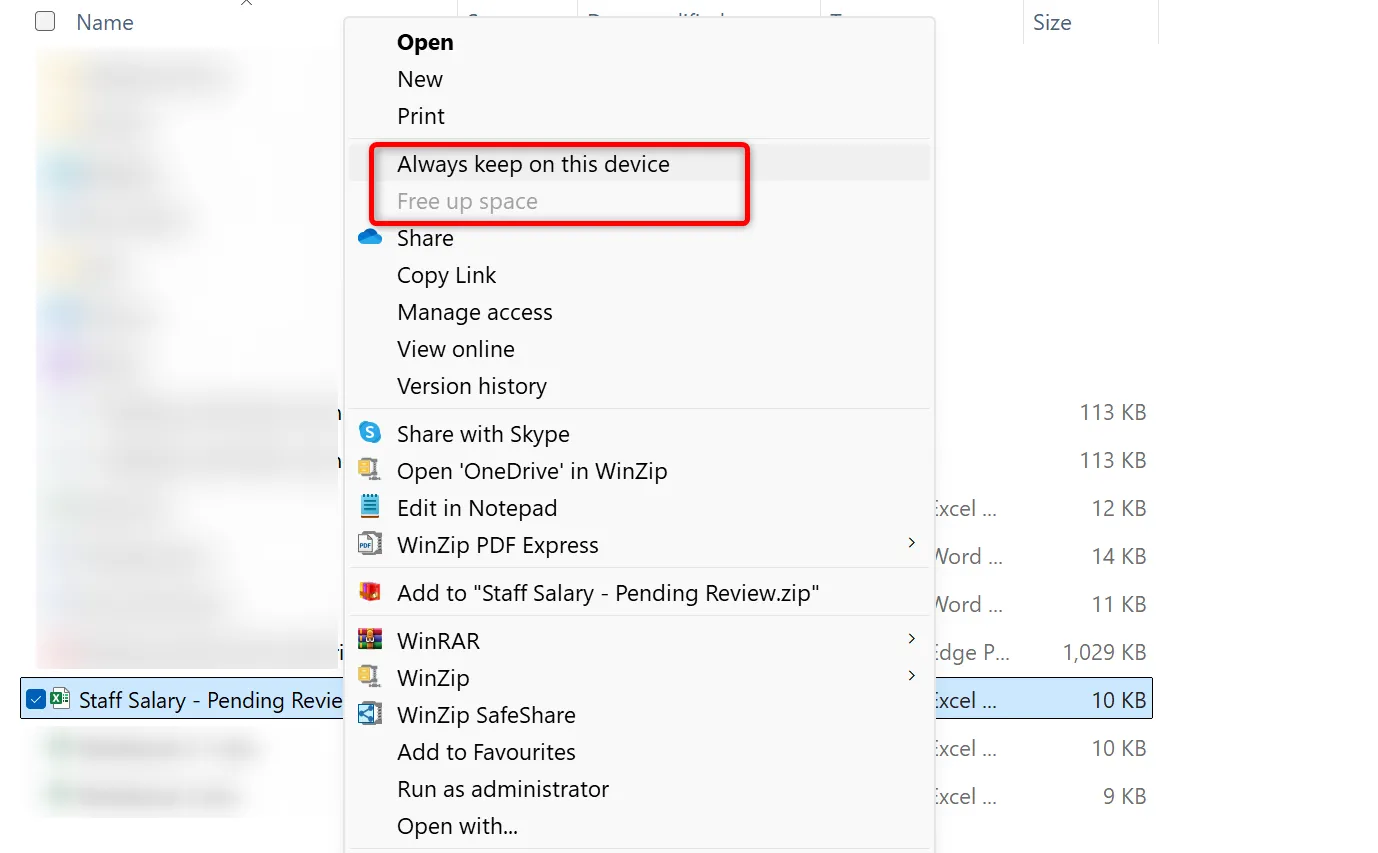 Các tùy chọn để giữ tệp OneDrive chỉ trực tuyến để tiết kiệm không gian hoặc tải xuống trên máy tính.