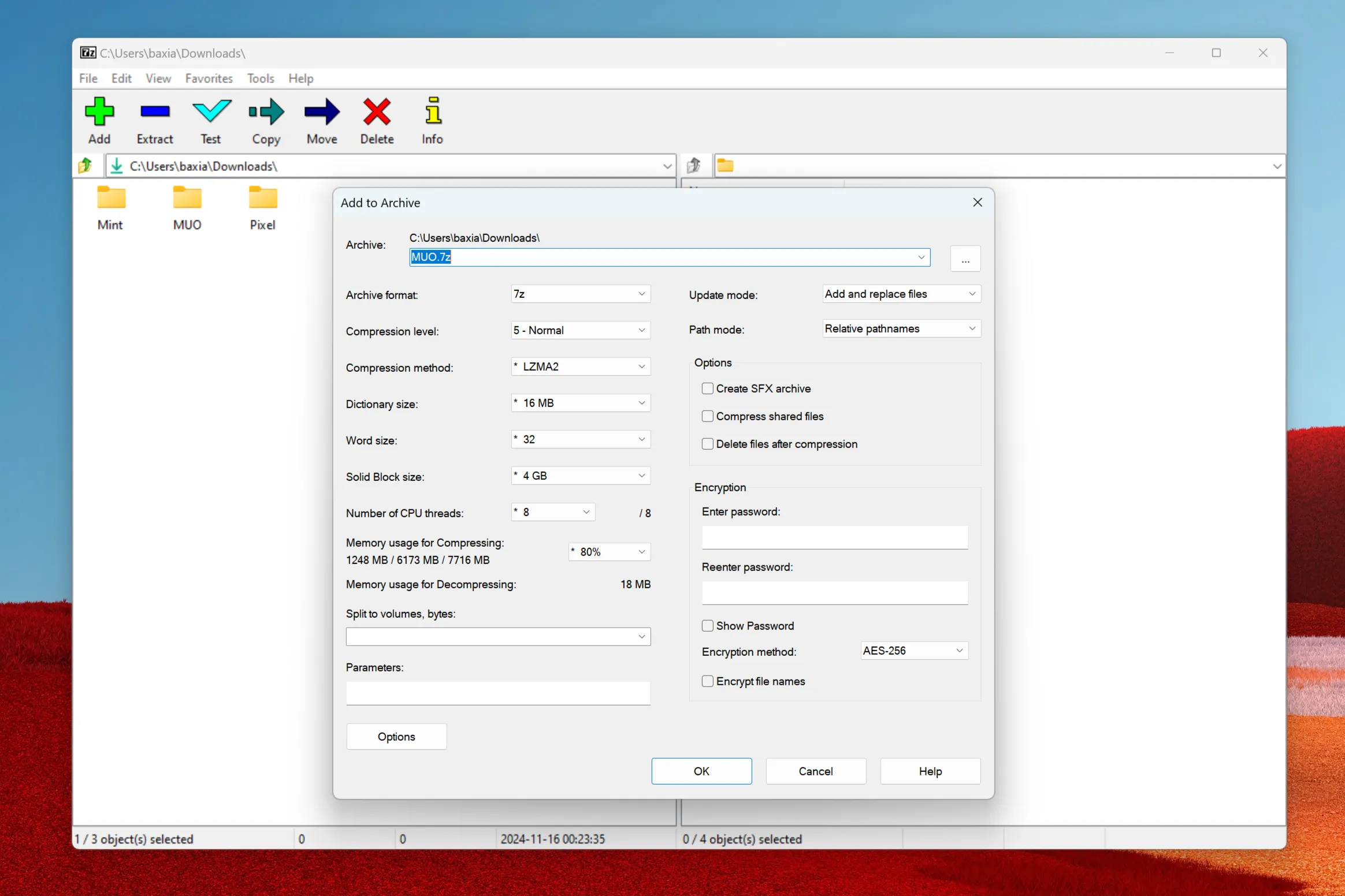 Các tùy chọn để tạo một file nén 7z mới trong 7-Zip