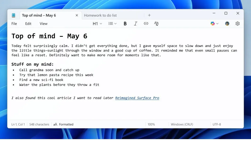 Các tùy chọn định dạng văn bản mới trong Notepad bao gồm in đậm, in nghiêng, gạch chân và bullet list