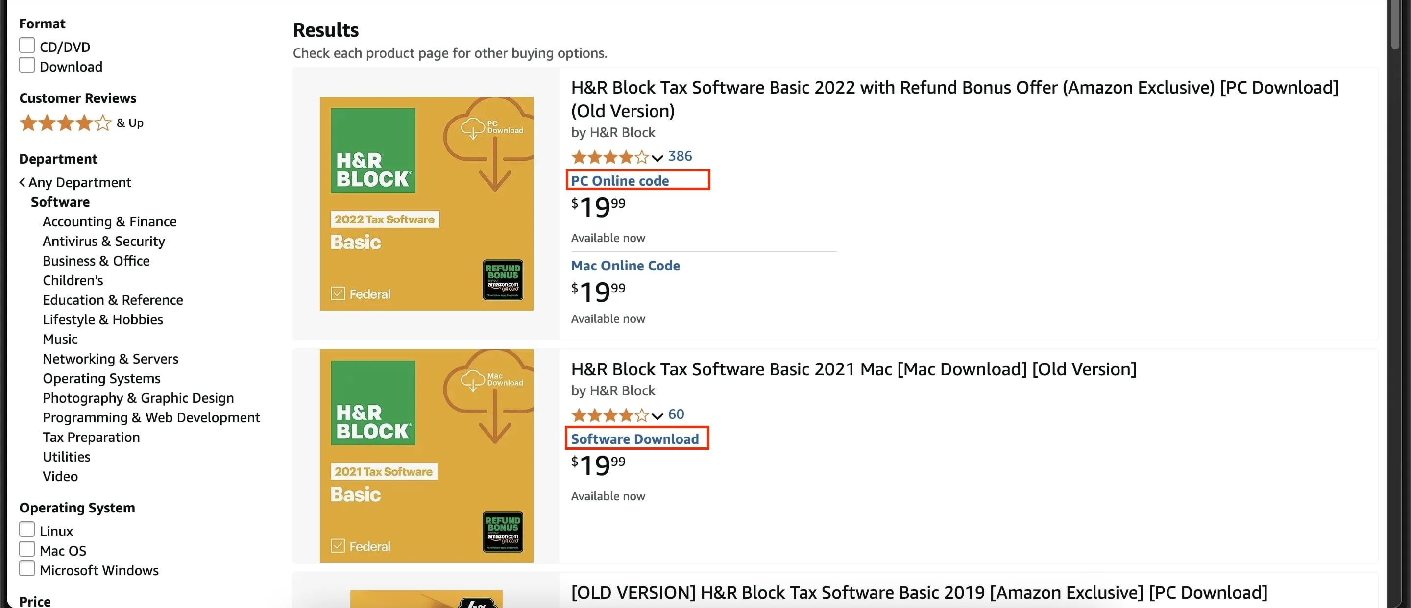 Các tùy chọn giao hàng phần mềm trên Amazon như mã trực tuyến, tải xuống và đĩa CD-ROM được làm nổi bật