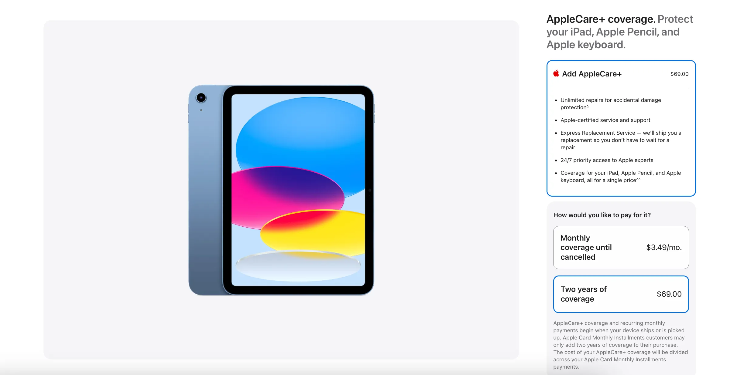 Các tùy chọn gói bảo vệ AppleCare+ cho iPad trên website chính thức của Apple, bao gồm lựa chọn trả trước 2 năm và đăng ký hàng tháng.