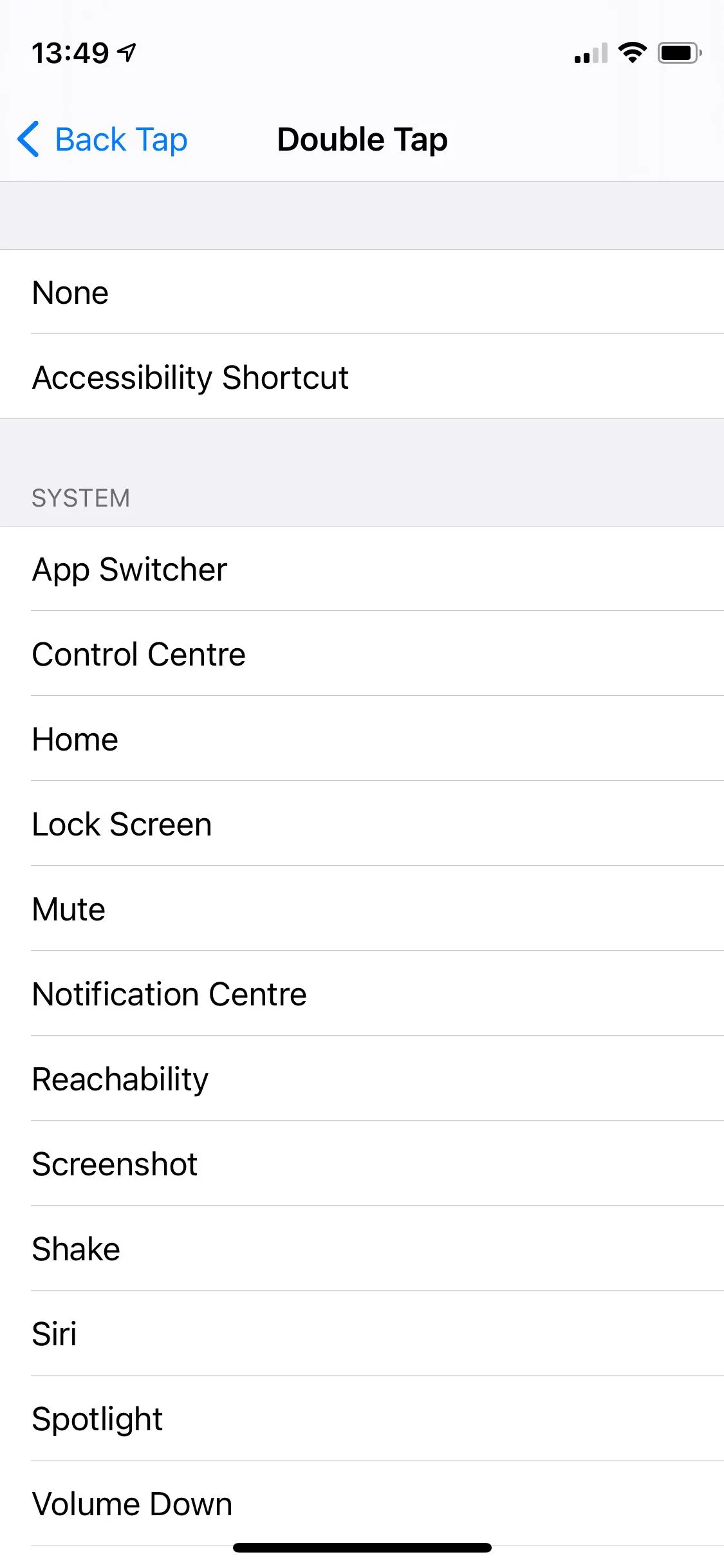 Các tùy chọn hành động cho tính năng chạm hai lần mặt lưng (Double Tap) trên iPhone