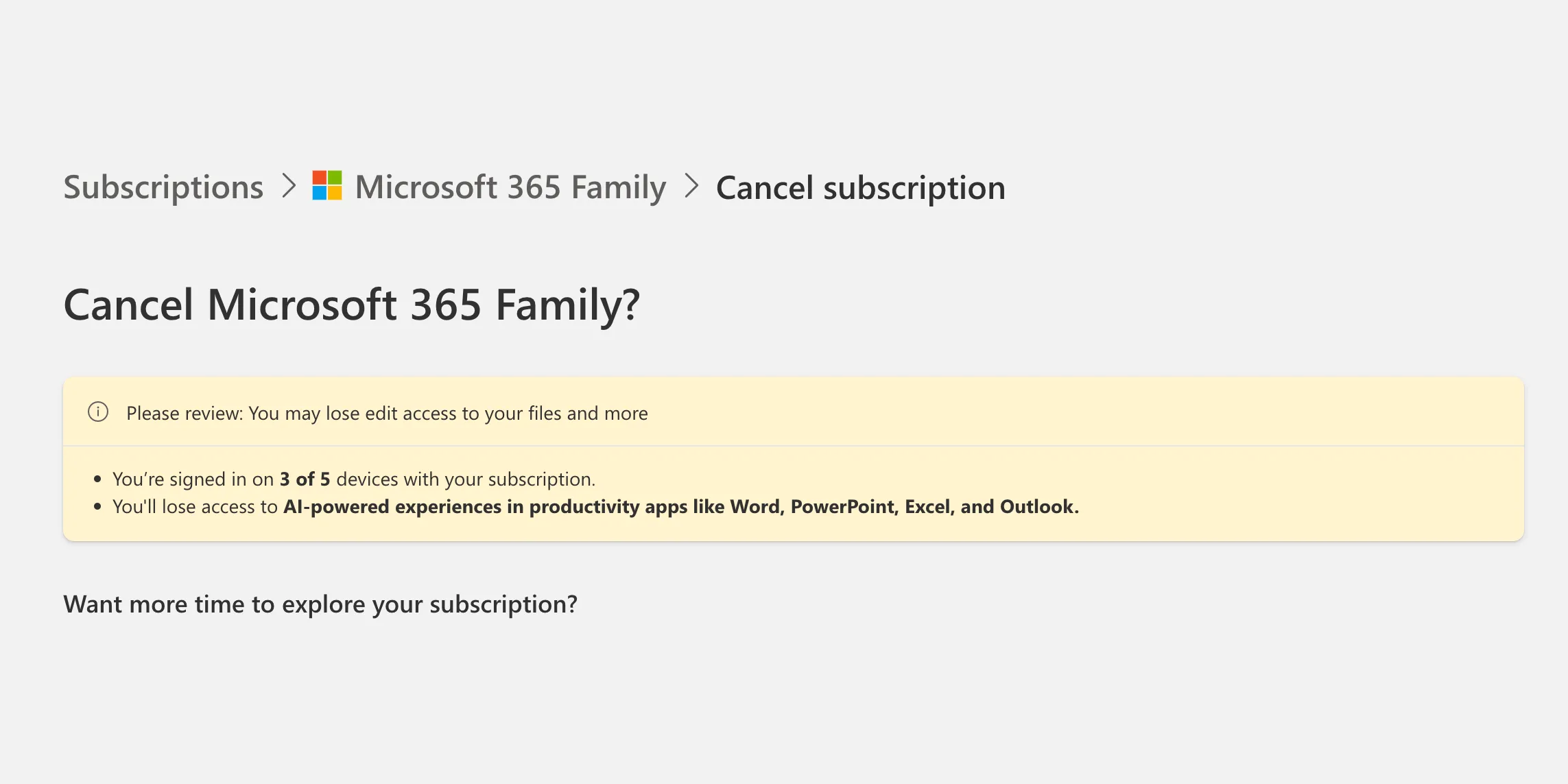 Các tùy chọn hủy đăng ký Microsoft 365 và đề xuất quay lại gói Classic