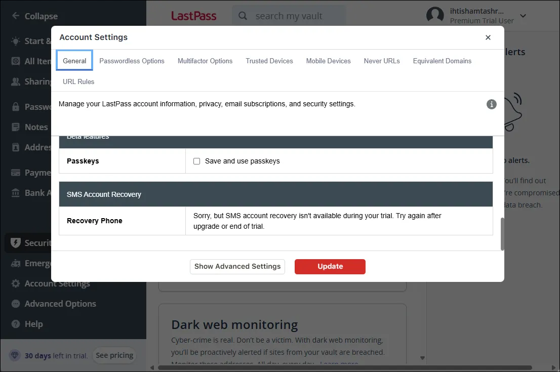 Các tùy chọn khôi phục tài khoản LastPass trên giao diện web, minh họa tính năng an toàn.