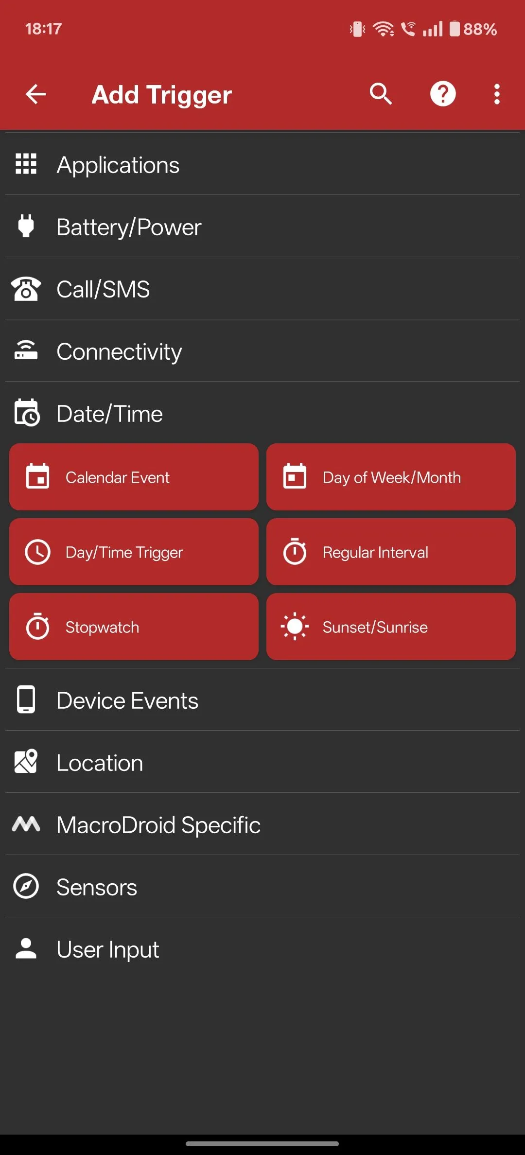 Các tùy chọn kích hoạt Date/Time trong MacroDroid