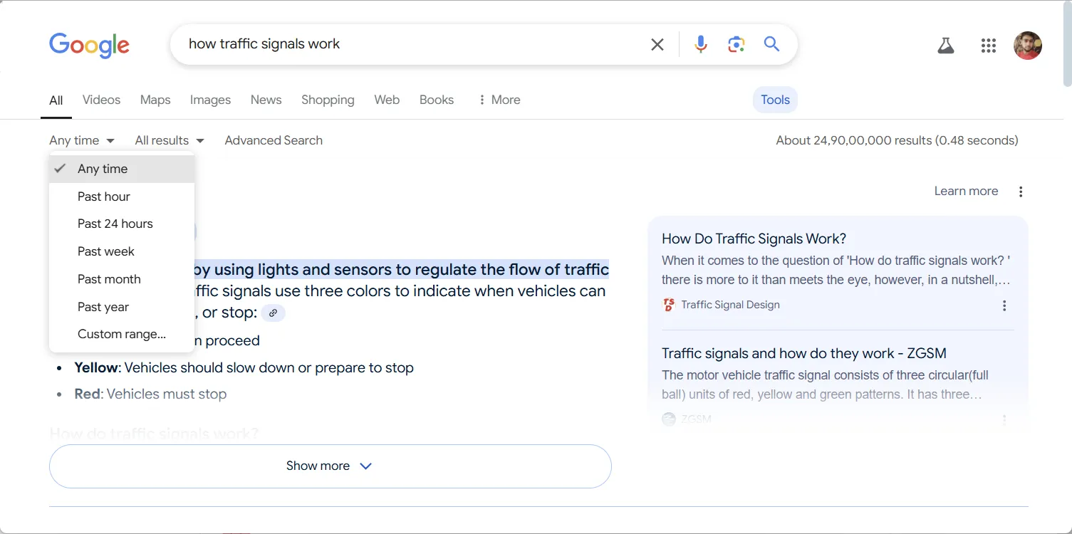 Các tùy chọn lọc thời gian theo cài đặt sẵn trên Google Search