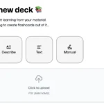 Các tùy chọn tạo bộ Flashcard mới trong giao diện FlashKa với chế độ PDF, Describe, Text và Manual