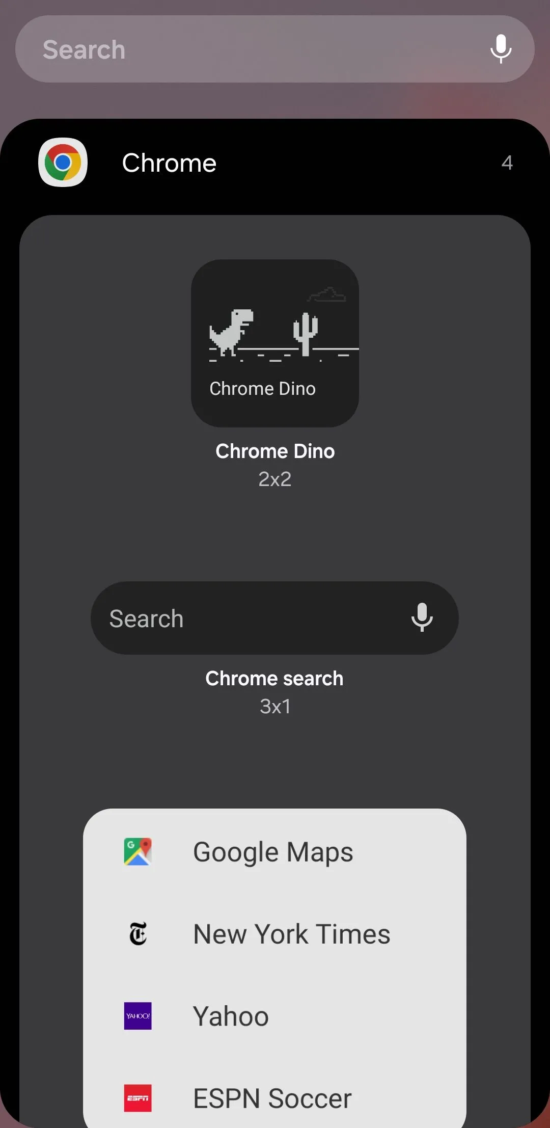 Các tùy chọn widget Chrome trên điện thoại Android, bao gồm tìm kiếm nhanh và mở tab ẩn danh