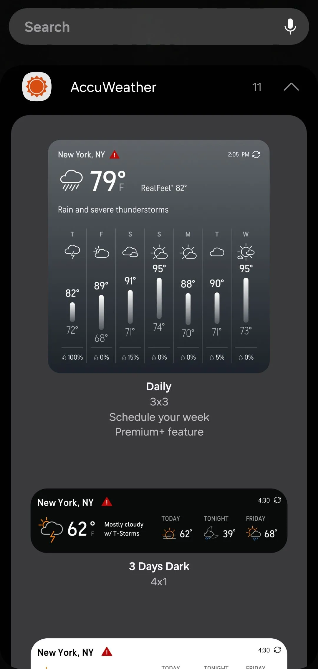 Các tùy chọn widget của AccuWeather bao gồm các kích thước và kiểu hiển thị khác nhau.
