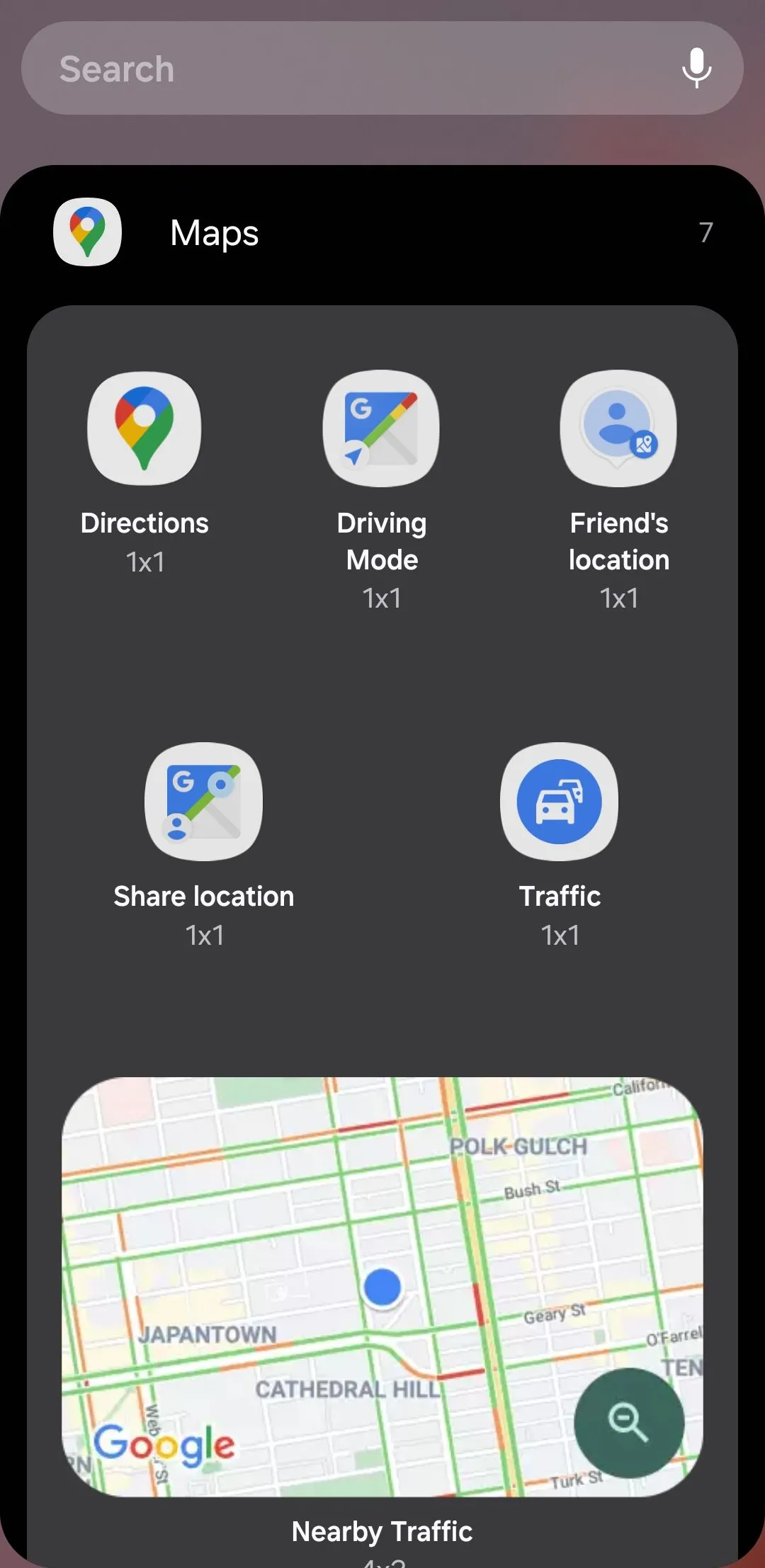 Các tùy chọn widget Google Maps trên Android, hiển thị bản đồ nhỏ với tình hình giao thông