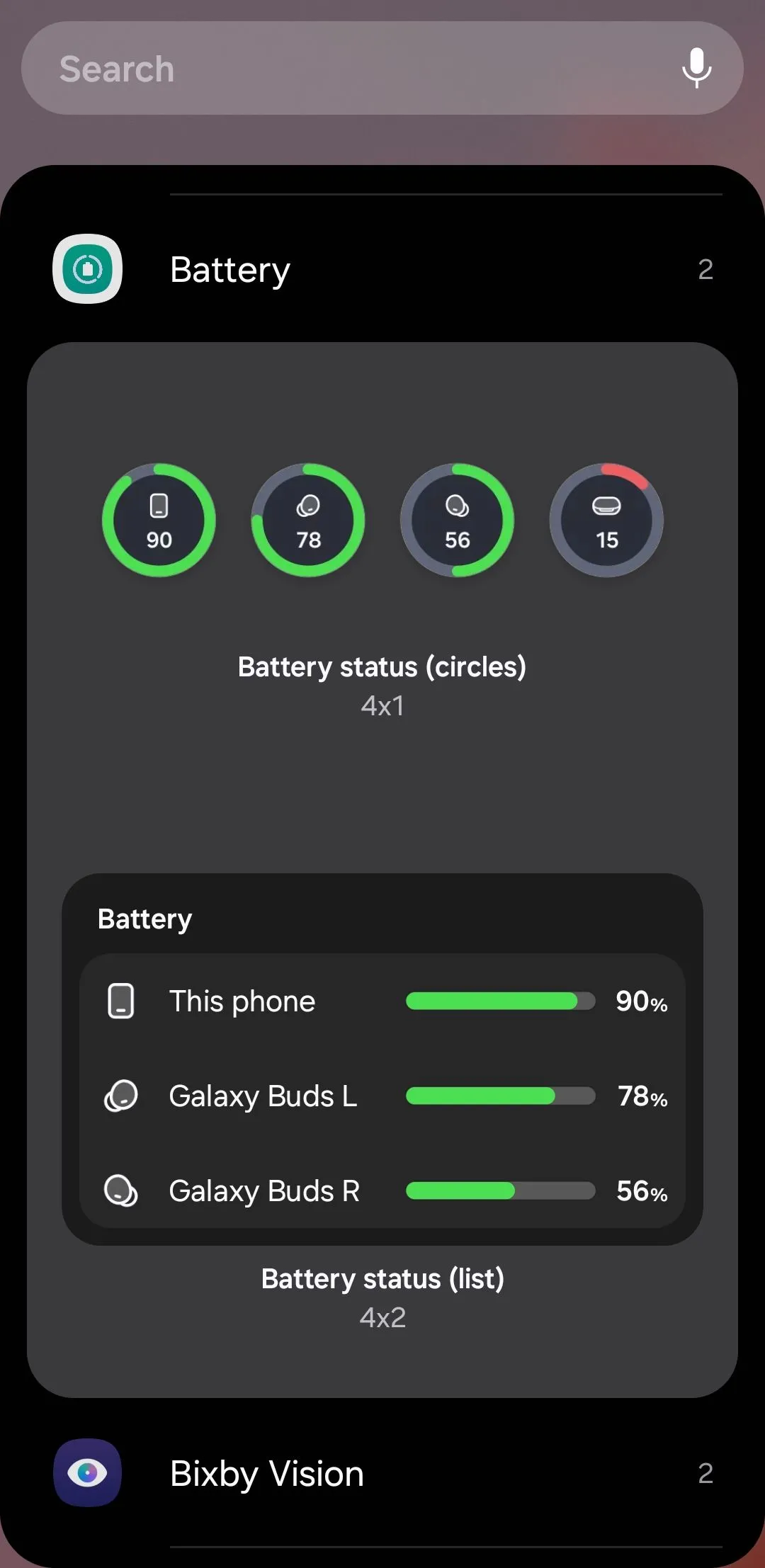 Các tùy chọn widget pin trên điện thoại Samsung cho phép hiển thị mức pin của điện thoại và các thiết bị kết nối