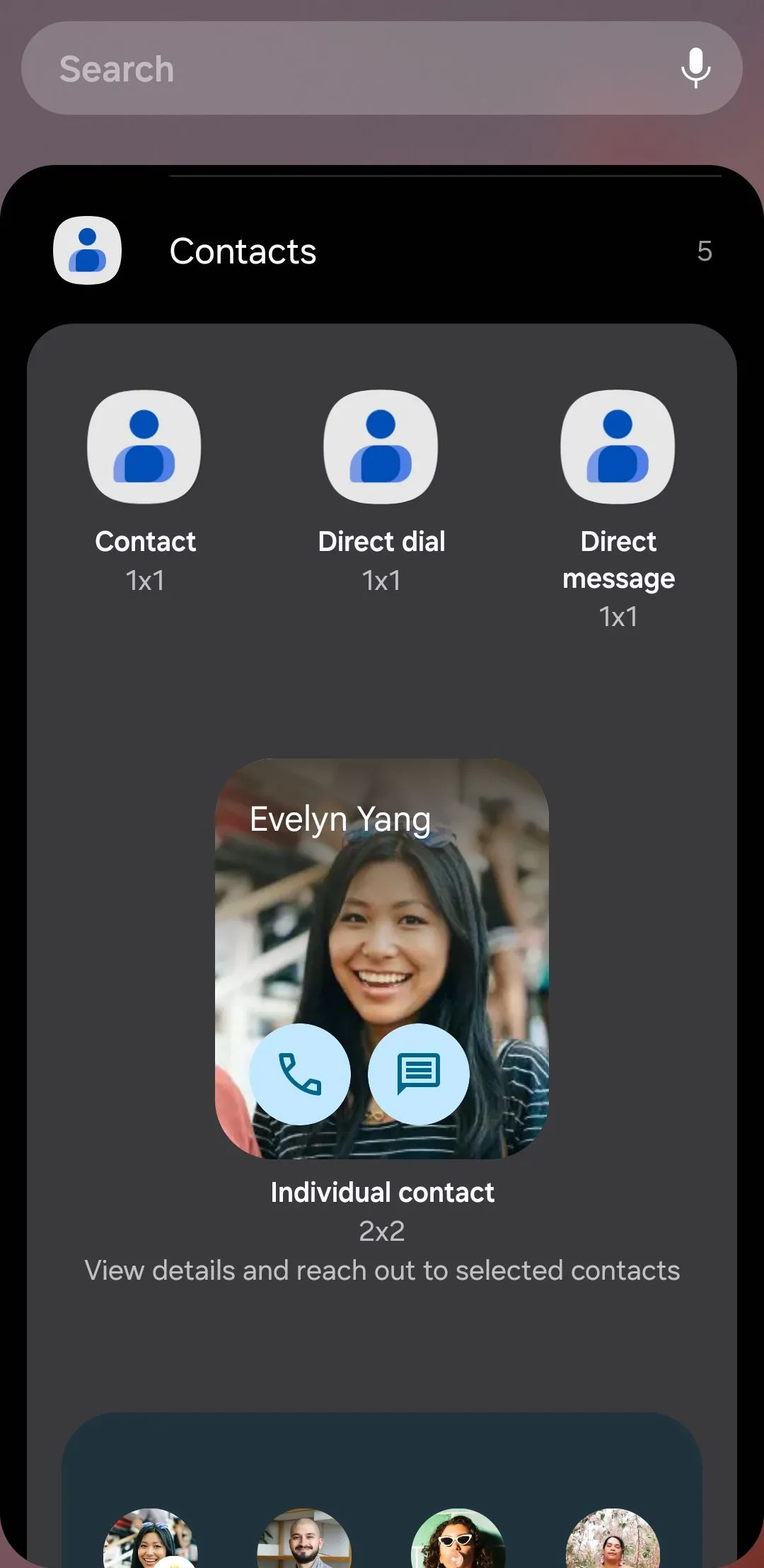 Các tùy chọn widget ứng dụng Google Contacts trên điện thoại Android, bao gồm phím tắt gọi nhanh và danh bạ yêu thích