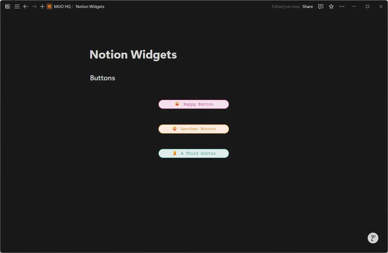 Các widget nút (Buttons) tùy chỉnh của Indify trong Notion