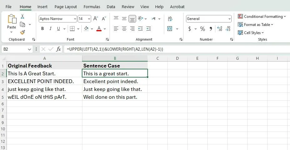 Cách chuyển đổi văn bản sang định dạng câu (sentence case) thủ công trong Excel