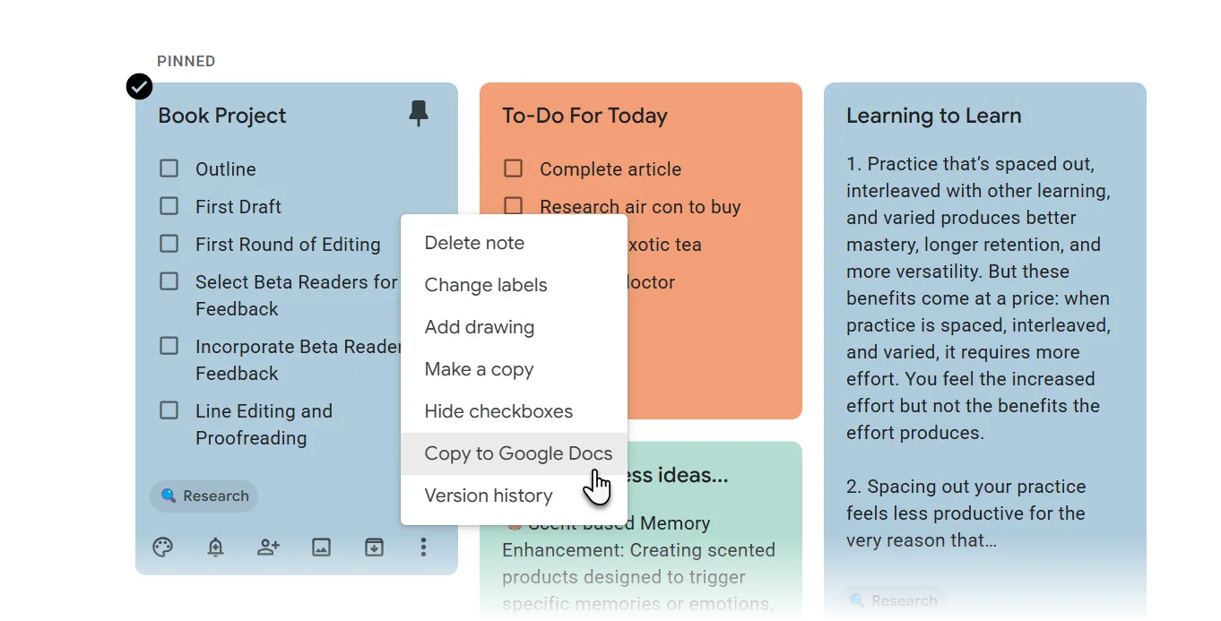 Cách sao chép và di chuyển ghi chú từ Google Keep sang Google Docs để tích hợp vào tài liệu làm việc.