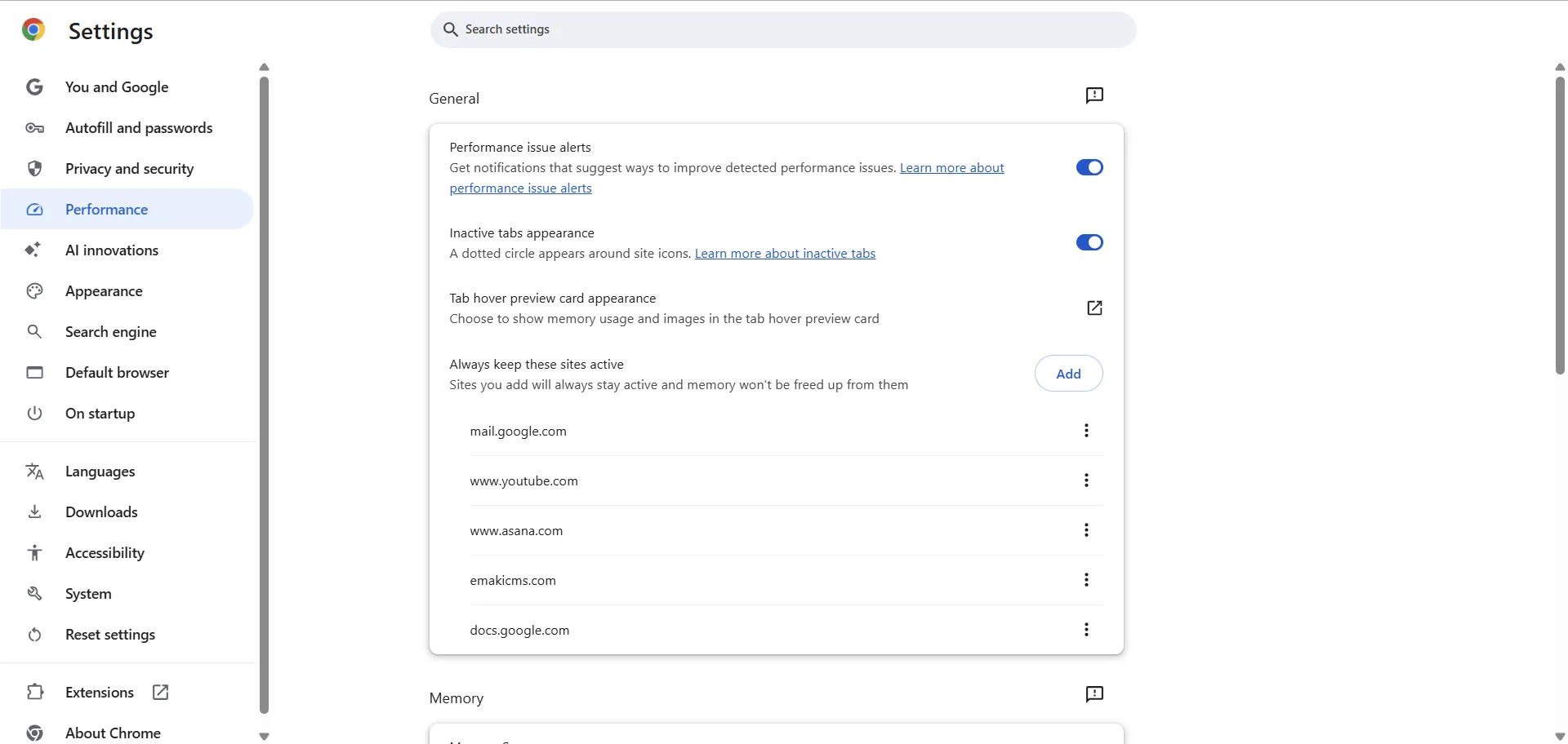 Cách thêm trang web vào danh sách "Luôn giữ các trang web này hoạt động" trong cài đặt Trình tiết kiệm bộ nhớ của Chrome.