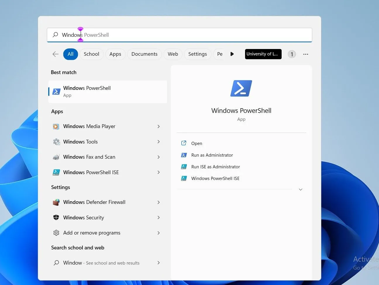 Cách tìm kiếm Windows PowerShell trong thanh tìm kiếm của Windows, cho thấy sự sẵn có của công cụ này