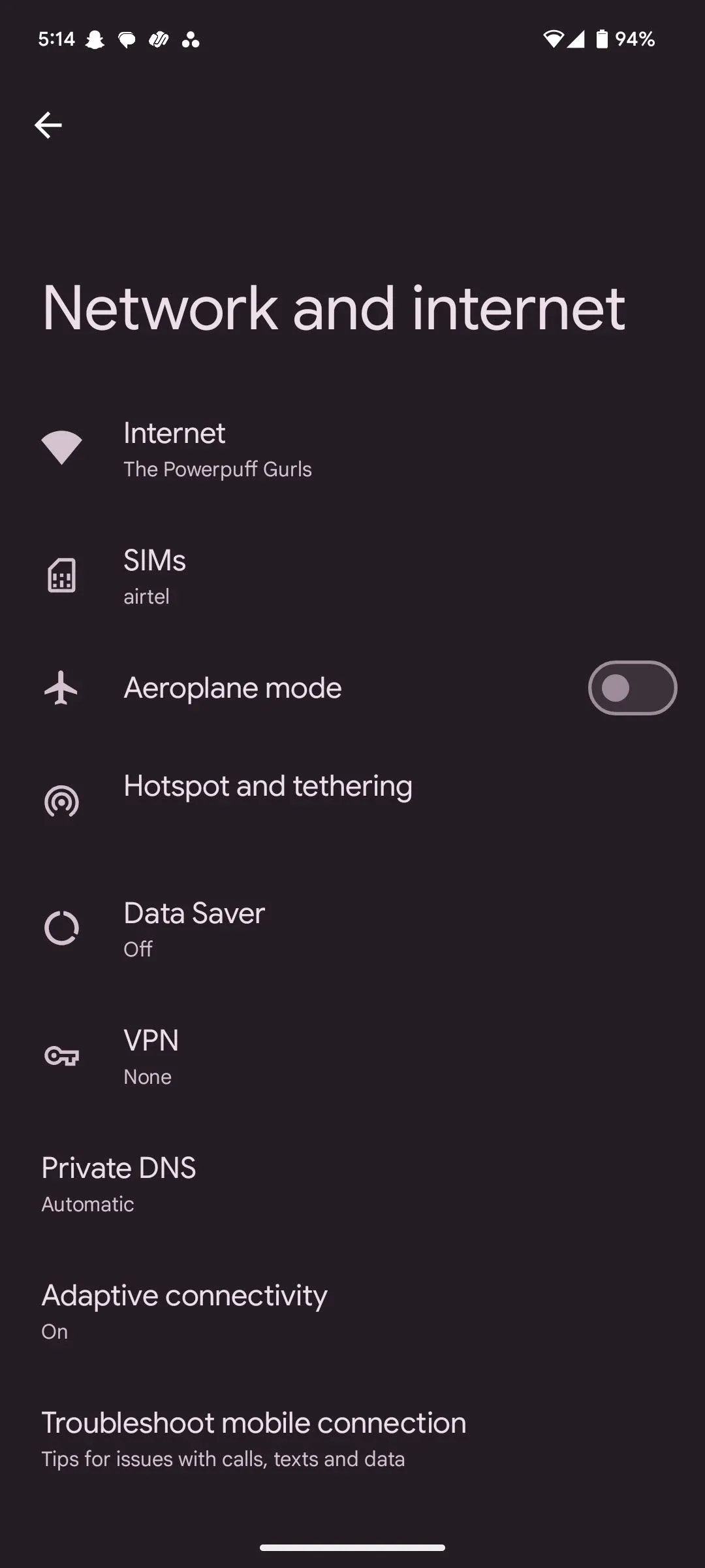 Cài đặt Android hiển thị tùy chọn Mạng và internet để truy cập cài đặt Wi-Fi