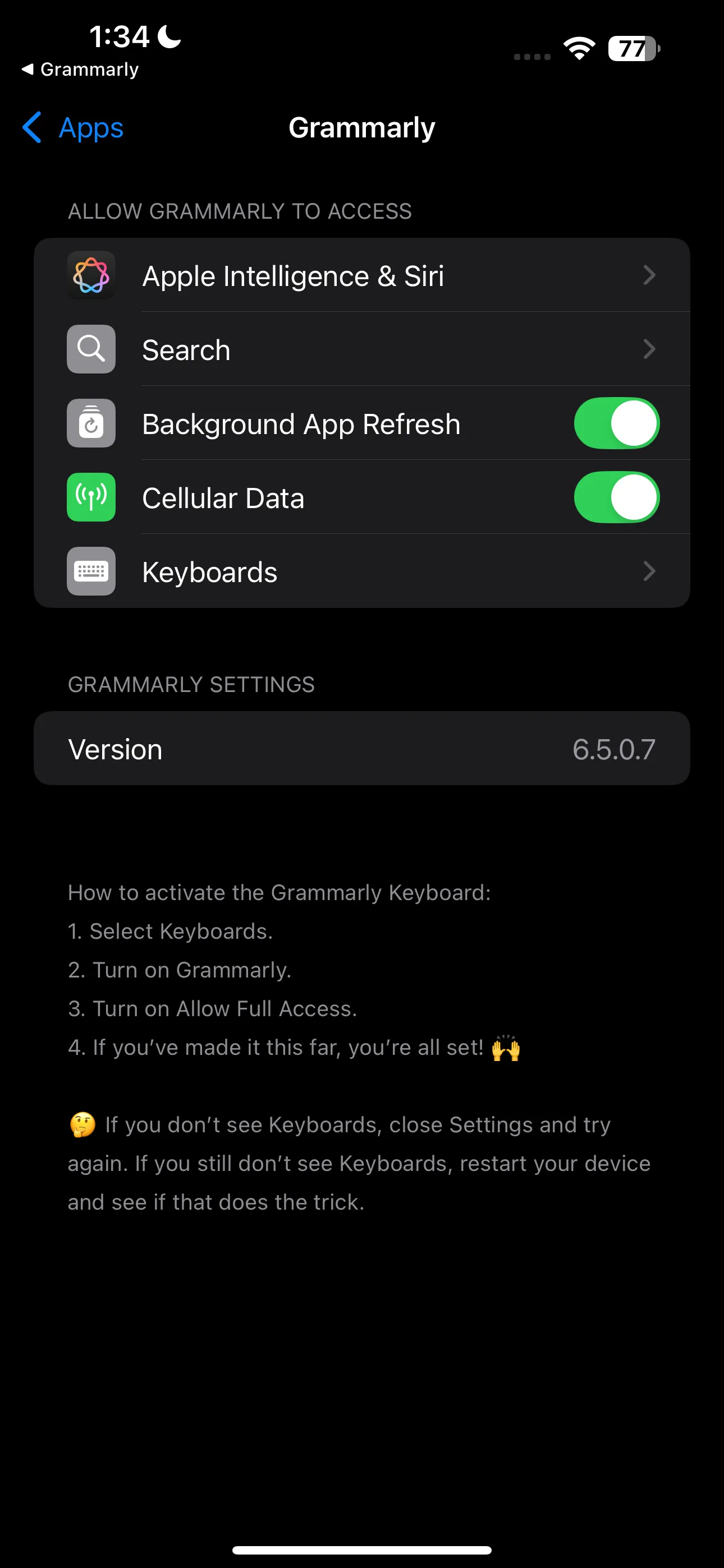 Cài đặt bàn phím Grammarly trên iPhone, cho phép bật hoặc tắt bàn phím và truy cập đầy đủ