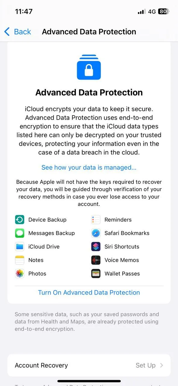 Cài đặt Bảo vệ Dữ liệu Nâng cao cho iCloud trên iPhone, cho phép bật mã hóa end-to-end cho dữ liệu đám mây.