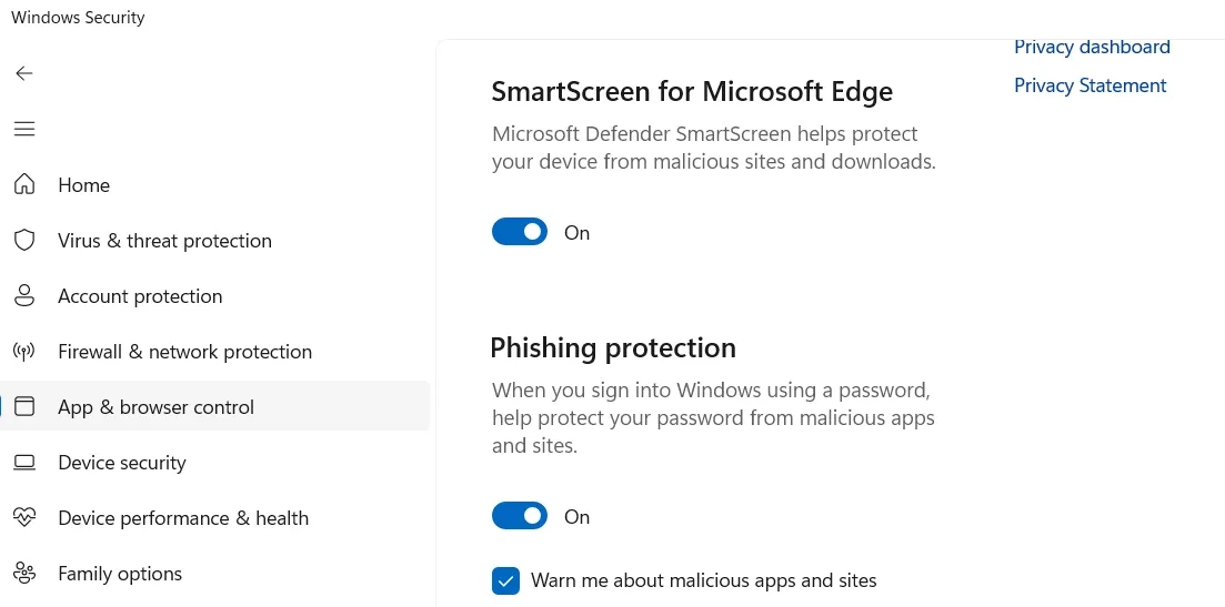Cài đặt Bảo vệ dựa trên uy tín trong ứng dụng Bảo mật Windows, hiển thị tùy chọn chống lừa đảo.