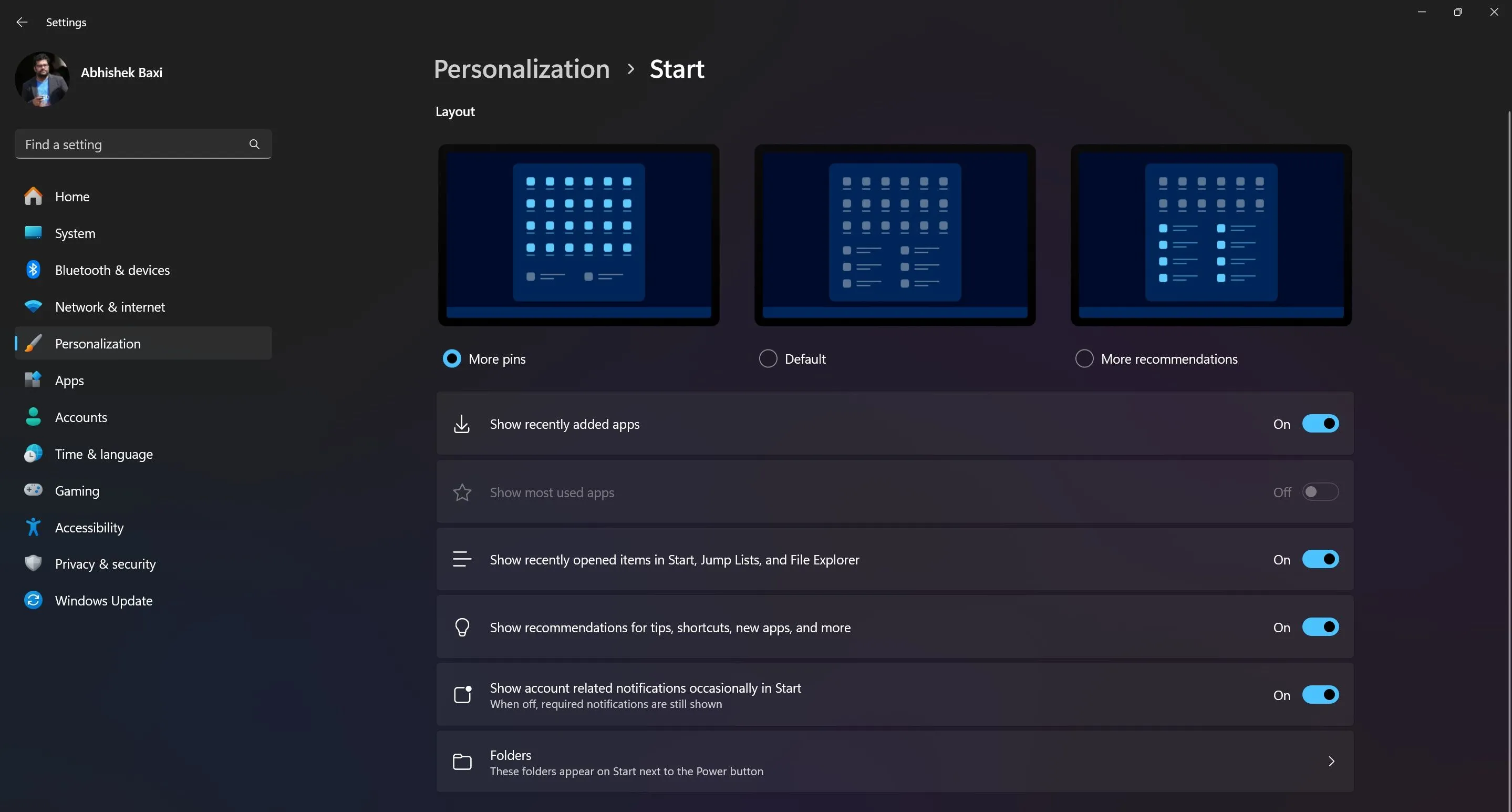 Cài đặt bố cục Start Menu Windows 11 hiển thị tùy chọn ghim nhiều ứng dụng hơn