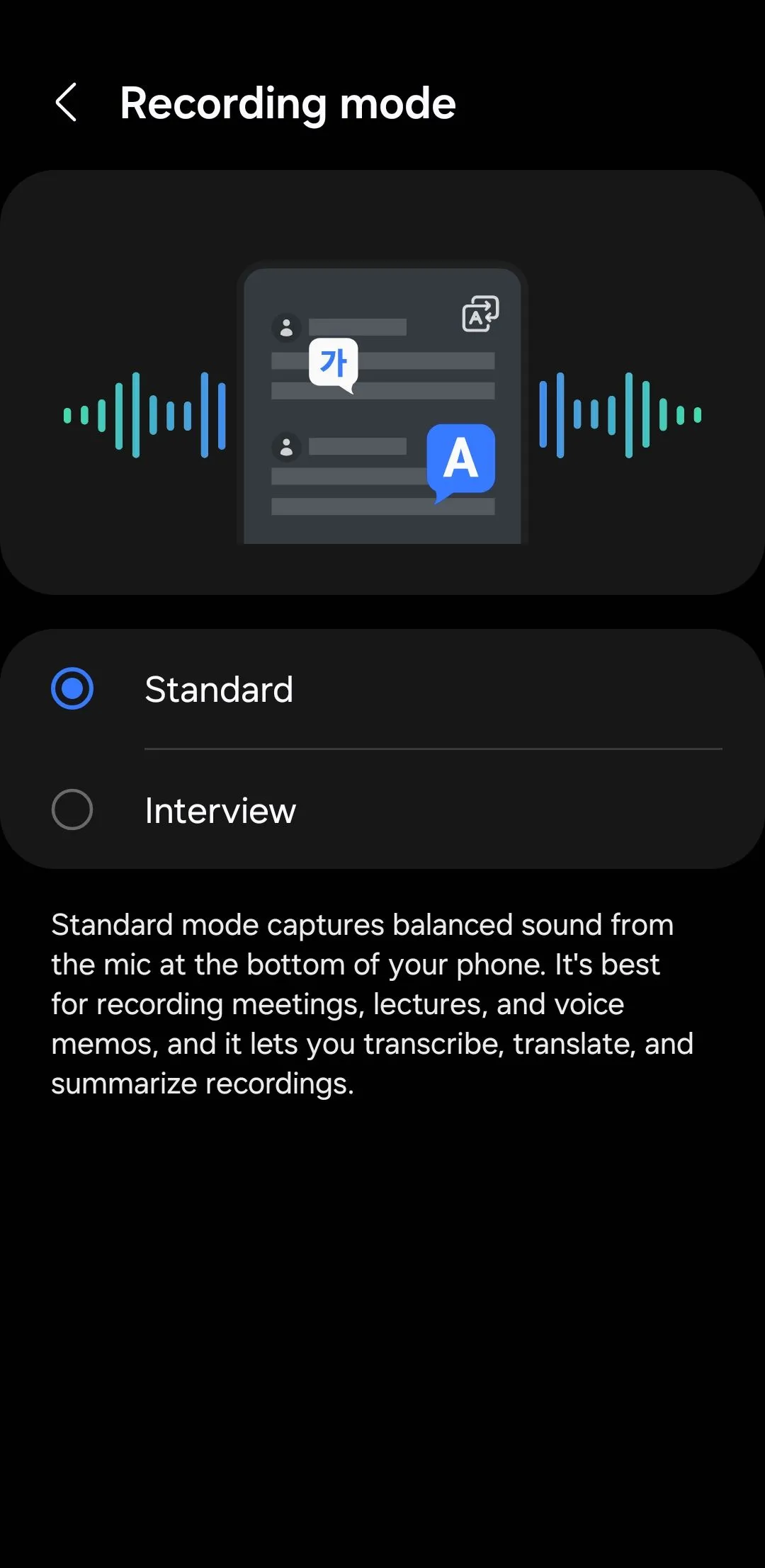 Cài đặt chế độ ghi âm và chất lượng (bitrate) trong ứng dụng ghi âm Samsung Voice Recorder để tối ưu âm thanh